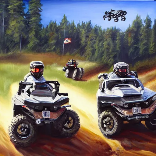 Prompt: all terrain vehicle race, painting by jerome bosch