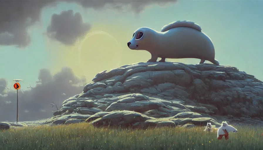 Image similar to an intricate oil painting of a giant cute white furry baby seal with by simon stalenhag