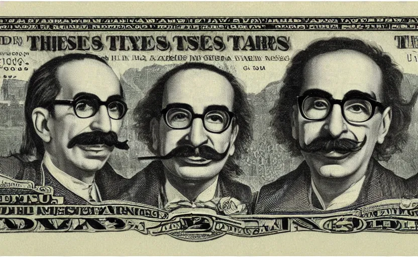 Image similar to rectangular photograph of three dollar u. s. currency note featuring groucho marx