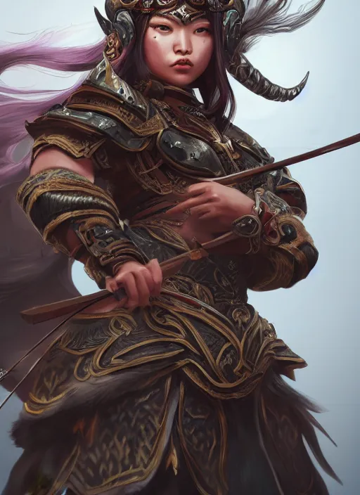 Image similar to a highly detailed illustration of fierce mongol warrior woman with bow, heroic shooting bow pose, perfect hyperdetailed face, intricate, elegant, highly detailed, centered, digital painting, artstation, concept art, smooth, sharp focus, league of legends concept art, wlop.