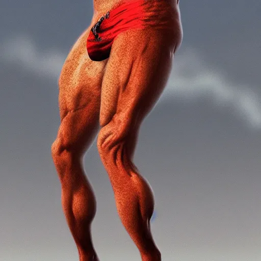 Image similar to a male red devil wears a swimming trunks ,fullbody, hell, landscape, pride, ,environment, artstation