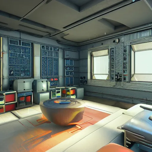 Image similar to Sci fi engine room living room, cybernetic wallpaper, thunderstrike walls, unreal engine 5 tech demo, zillow interior, cool tint, vivid colors, metallic reflective, octane render, Frank Lloyd Wright ((Studio Ghibli))