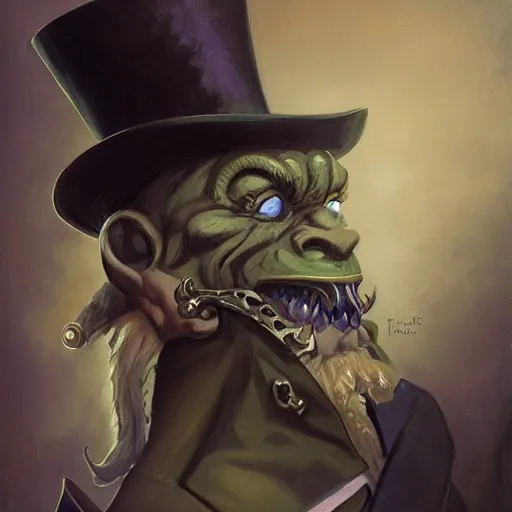Prompt: a victorian era portrait painting of a warcraft orc in a suit and top hat by Peter Mohrbacher