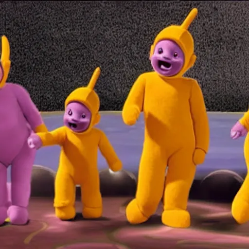 Image similar to teletubbies from the tv shaking hand with the slender man, as seen on tv