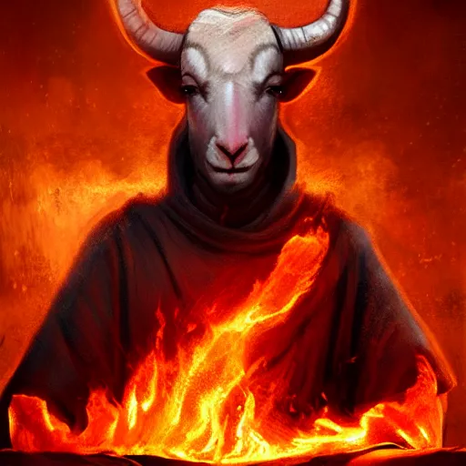 Image similar to ram horned catholic monk like half-lamb brings fire down from the sky, medieval style, trending on artstation, highly detailed, digital painting, volumetric light, concept art, sharp focus, illustration