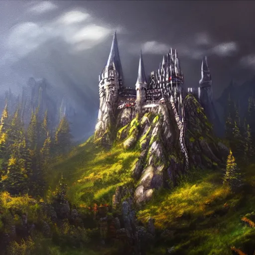 Image similar to light oil painting of tolkien inspired high castle with wizard towers and walls, elegant architecture on top of a green forest, artstation