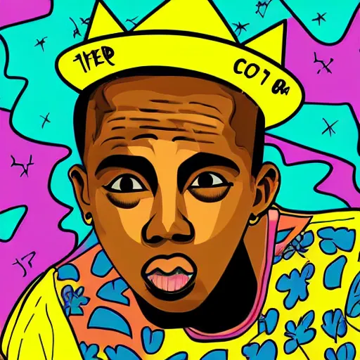 Prompt: cartoon illustration with bold black outline of rapper tyler the creator wearing a birthday hat, colorful, artistic, vibrant, high, highly detailed art