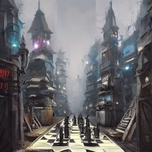 Image similar to concept art of a city whose inhabitants are chess pieces, by greg rutkowski