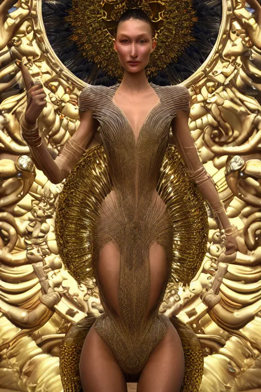 Image similar to a highly detailed metahuman 4 k close up render of an alien goddess bella hadid as nataraja in iris van herpen dress schiaparelli in diamonds swarovski and jewelry in style of alphonse mucha gustav klimt trending on artstation made in unreal engine 4