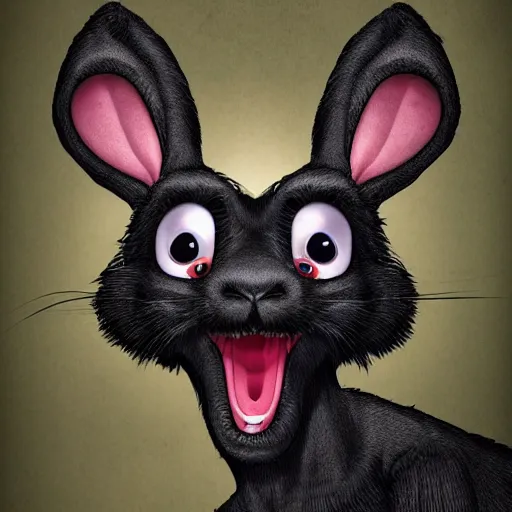 Image similar to A extremely highly detailed majestic hi-res beautiful, highly detailed head and shoulders portrait of a scary terrifying, horrifying, creepy black cartoon rabbit with scary big eyes, laughing and standing up wearing pants and a shirt in the style of Walt Disney