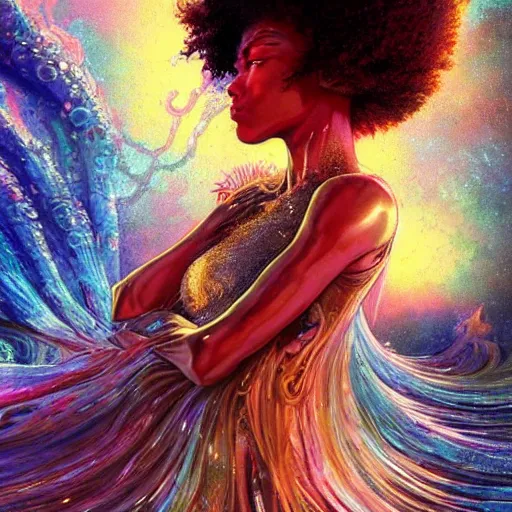 Image similar to ultra detailed illustration of a angry afro american anime girl covered in a sea of iridecent liquid, chrome metal material, lost in a dreamy oriental realm by Karol Bak, Ruan Jia, Moebius, hiroshi yoshida, Druillet, colorful, front view, vivid colors, 8k, coherent, anime vibes, uplifting, magical composition, artstation, synthwave, 8k, coherent, artgerm, uplifting, unreal engine, magical composition, artstation,