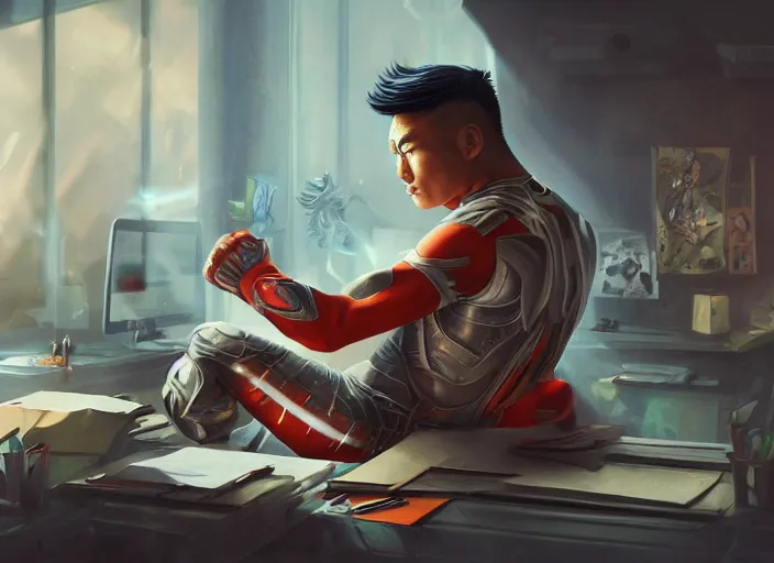 Image similar to an insanely detailed painting of an asian man wearing a homemade superhero costume, sitting at a desk, staring seriously at the computer and typing, in the style of peter mohrbacher, dramatic lighting and composition, surreal background, octane render, pixar, trending on artstation, concept art, comic book, view from behind, 8 k