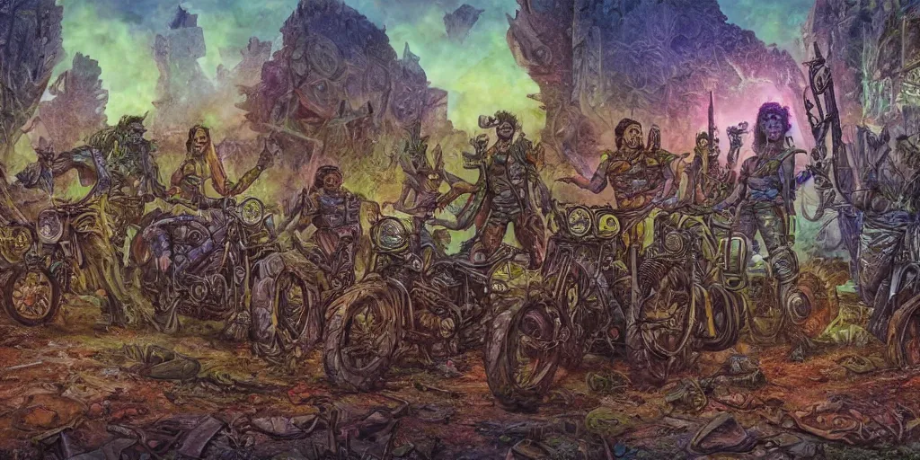 Image similar to psychedelic post apocalyptic orcish biker gang, scifi city ruins, sharp focus, psychedelic colors, boris vallejo, michael whelan