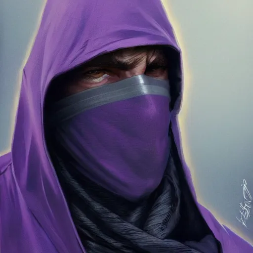 Image similar to ultra realistic illustration, man in a black hood, in a striped purple balaclava, mysterious, highly detailed, digital painting, artstation, concept art, smooth, sharp focus, illustration, art by artgerm and greg rutkowski and alphonse mucha