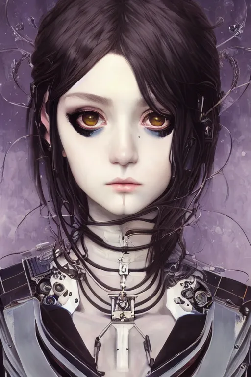 Prompt: portrait of beautiful young gothic cyborg anime maiden. Anime, cyberpunk, Warhammer, highly detailed, artstation, illustration, art Gustav Klimt. Face by Ilya Kuvshinov, cute-fine-face, pretty face, realistic shaded Perfect face, fine details