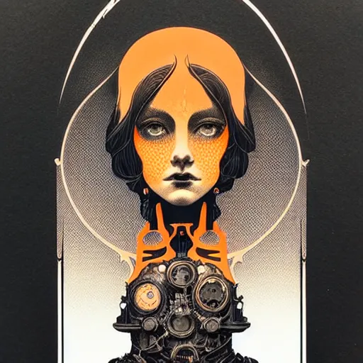 Image similar to portrait top light, by killian eng and joe fenton and martin deschambault and conrad roset, inspired by victorian steampunk, orange and grey only, etching and paint wash, fine sharp high detail,