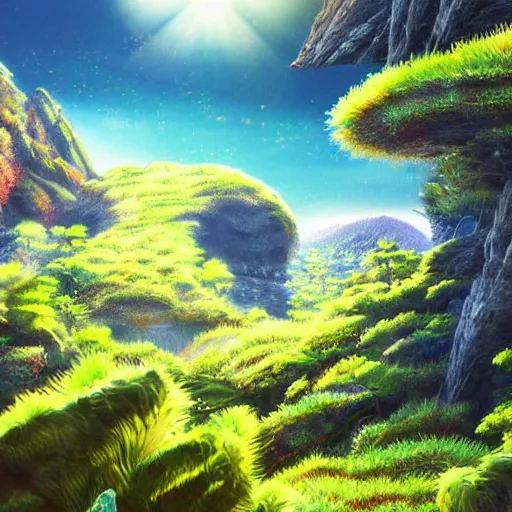 Prompt: digital painting of a lush natural scene on an alien planet by masatake shiyouji. ultra sharp high quality render. detailed. beautiful landscape. colourful weird vegetation. cliffs and water.