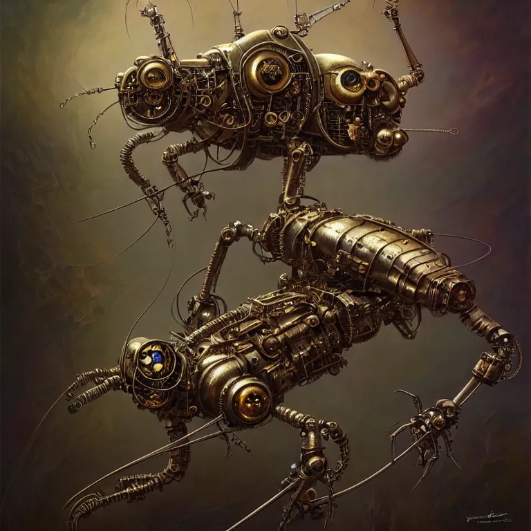 Image similar to steampunk robot mosquito, unreal engine realistic render, 8 k, micro detail, intricate, elegant, highly detailed, centered, digital painting, artstation, smooth, sharp focus, illustration, artgerm, tomasz alen kopera, peter mohrbacher, donato giancola, joseph christian leyendecker, wlop, boris vallejo