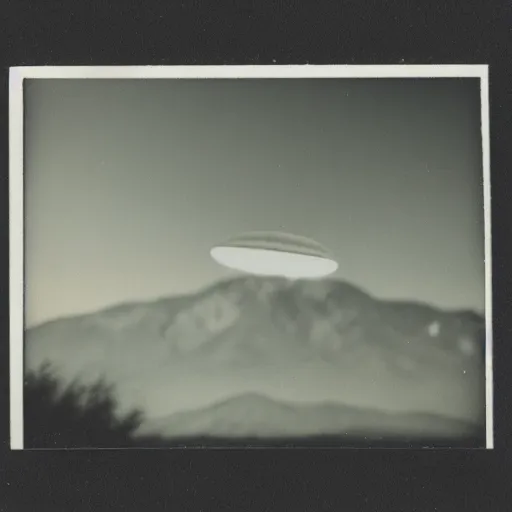 Prompt: a ufo flying over a distant mountain at night, historical photo, old polaroid, expired film,