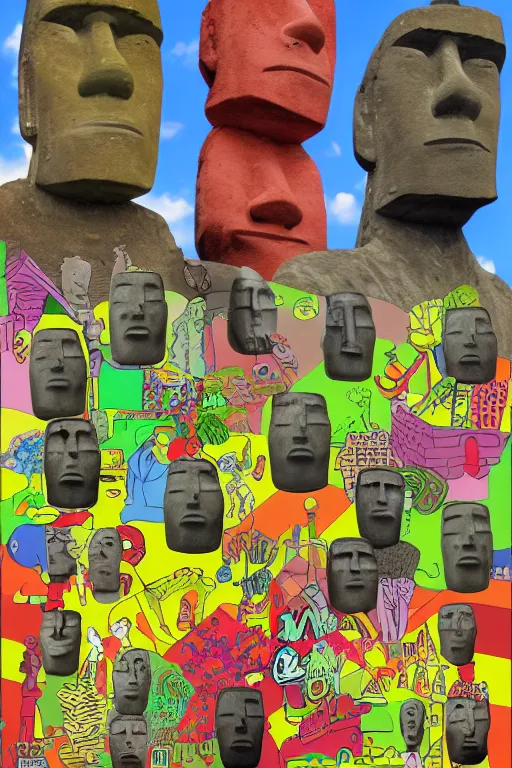 Prompt: moai statue popart slap face caricature cartoon graffity street digital by os gemeos artstation colorful vibrant beeple, by thomas kinkade
