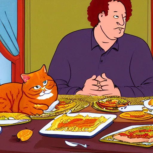 Image similar to fat orange tabby cat next to curly haired man and lasagna on table, by jim davis, garfield comic