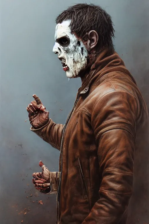 Prompt: a man with a black eye and bloody face wearing a brown leather jacket with a white fur collar. art by tomasz alen kopera and glenn fabry.