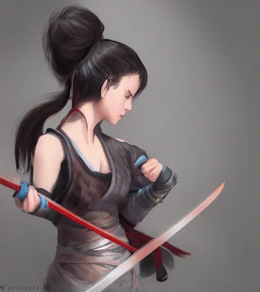 Image similar to a girl holding a katana, ponytail, highly detailed, digital painting, artstation, concept art, smooth, sharp focus, kunoichi, illustration