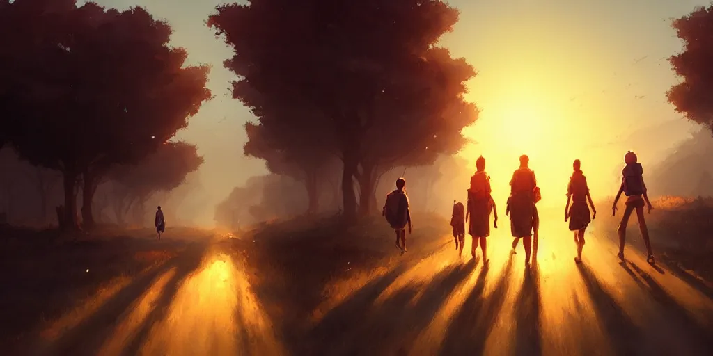 Prompt: a group of close friends walking down the road at sunset, nostalgic, details, sharp focus, illustration, by jordan grimmer and greg rutkowski, trending artstation, pixiv, digital art