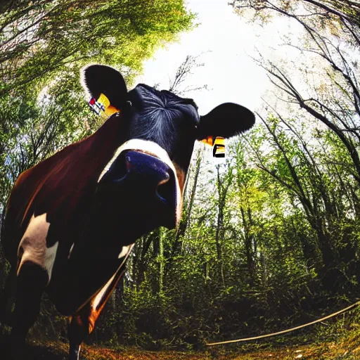 Prompt: fish eyed view of a cow