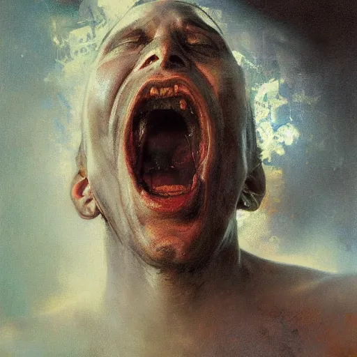 Image similar to hyperrealist portrait of a screaming head made of smoke by jeremy mann and alphonse mucha and alan lee, fantasy art, photo realistic, dynamic lighting, artstation, poster, volumetric lighting, very detailed faces, award winning