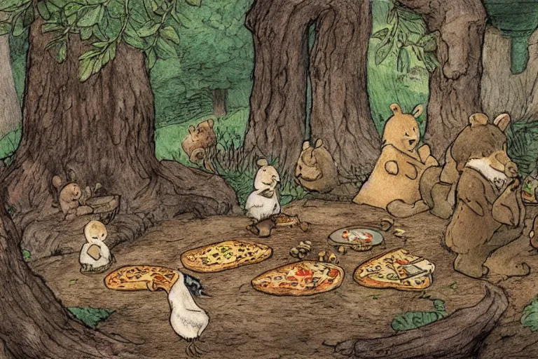 Image similar to a detailed and lively children's book illustration by beatrix potter of lots of woodland animals having a pizza party in the woods. a big pizza oven is tended by a large brown grizzly bear, and a stork flies above. digital art, trending on artstation.