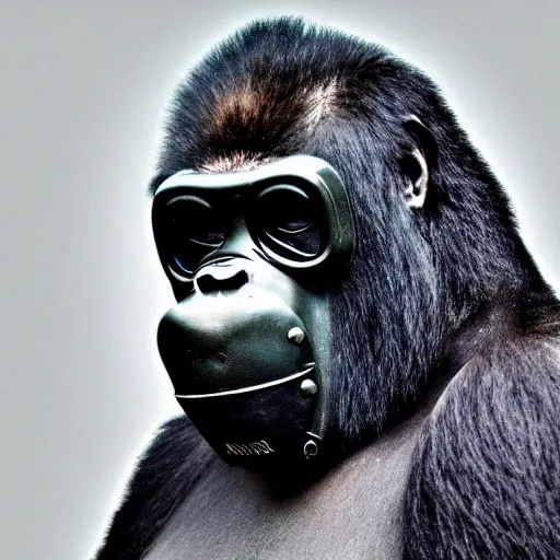 Image similar to high quality photo of A gorilla wearing a world war 2 gas mask, realism, 8k, award winning photo