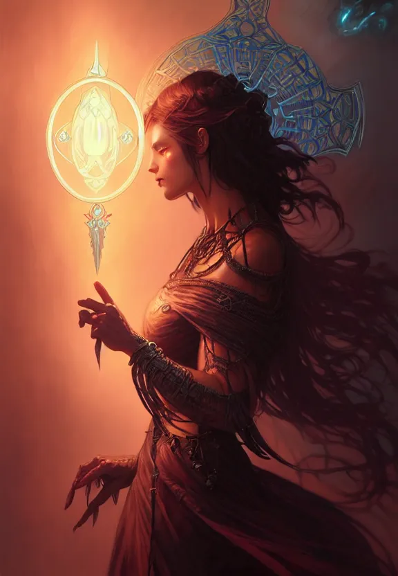 Image similar to Necromancer Sorceress in center, fantasy magic, undercut hairstyle, dark light night, intricate, elegant, sharp focus, illustration, highly detailed, digital painting, concept art, matte, art by WLOP and Artgerm and Greg Rutkowski and Alphonse Mucha, masterpiece