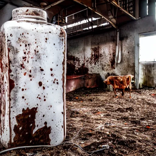 Image similar to dirty bottle of milk and a cow inside rusted slaughterhouse