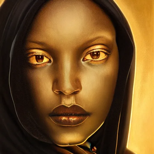 Image similar to a portrait of a young black woman wearing a long dark cloak, hood and shadows covering face, anatomically correct, beautiful perfect face, enigmatic, oil painting, matte painting, black background, Volumetric Golden dappled dynamic lighting, Highly Detailed, Cinematic Lighting, Unreal Engine, 8k, HD, by Beksinski