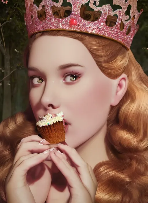 Image similar to closeup face profile portrait of a fairytale princess wearing a crown eating cakes, bikini, depth of field, zeiss lens, fashion photoshoot, by nicoletta ceccoli, mark ryden, lostfish, dan decarlo, bob clampett, max fleischer, breathtaking, 8 k resolution, extremely detailed, beautiful, establishing shot, artistic, hyperrealistic, octane render