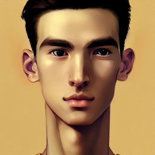 Image similar to colorful Captivating teenage boy with brown blond short quiff hair and thin facial structure with cleft chin, crooked nose, good definition of cheekbones, Alert brown eyes, narrow face, slim body, wearing a detailed Japanese kimono with golden details, atmospheric lighting, painted, intricate, 4k, highly detailed by Charlie Bowater