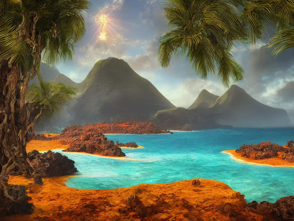 Prompt: 3d render, Sunlight Study, Kauai Lava Rock Beach Lagoons by Jan Davidsz de Heem and ((((Lisa Frank)))), Art Nouveau, 8k, extreme detail, sharp focus, octane render