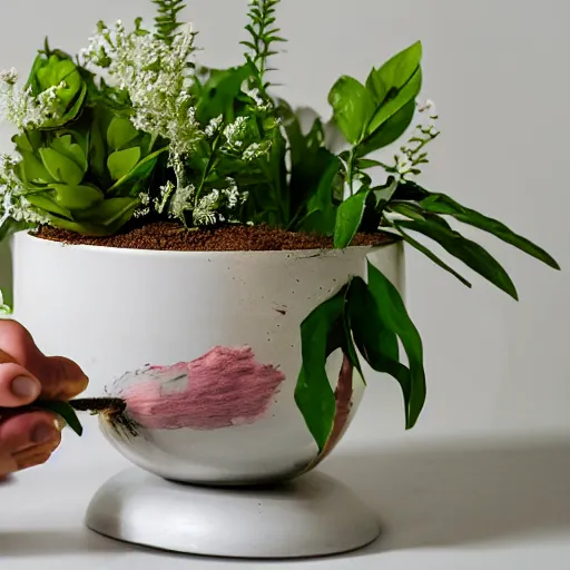 Prompt: a handheld mixer mixing a bowl of flowers, branches, twigs, and plants