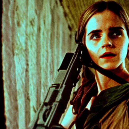 Image similar to film still, extreme far view, emma watson vietnam door gunner, film still from apocalypse now ( 1 9 7 9 ), 2 6 mm, kodak ektachrome, blue tint expired film,