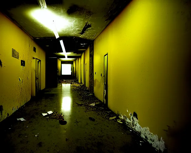Image similar to the backrooms, the eerie forlorn atmosphere of a place that's usually bustling with people but is now abandoned and quiet, walls with tone of yellow, buzzing fluorescent lights above the ceiling, unsettling images, liminal space, dark