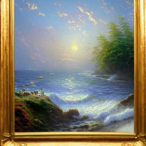 Prompt: thomas kinkade, ocean at midday, ship