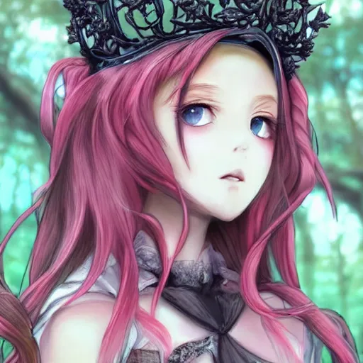 Prompt: 3D anime girl wearing a crown, gothic outfit, hand painted, realistic, UHD, pink wispy hair, angel, sitting on a moon, UE4, 4k, concept art, trending on artstation, code vein, moonlit night, forest with gnarled branches, art by artgerm and H R Giger and alphonse mucha