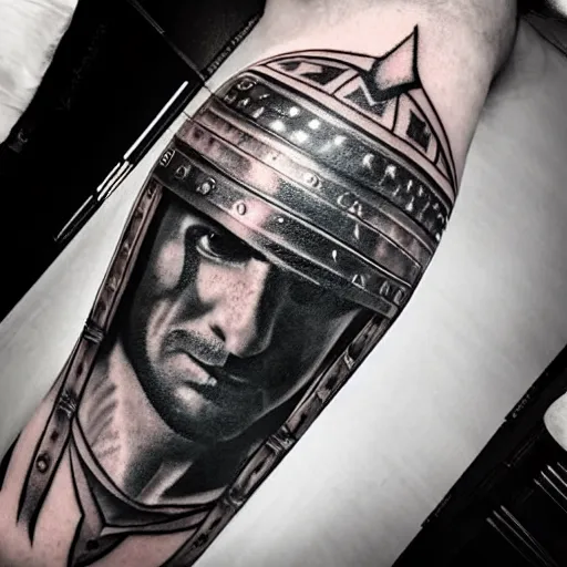 Image similar to an up close gladiator with shield and sword, tattoo, tattoo art, Black and grey tattoo style,