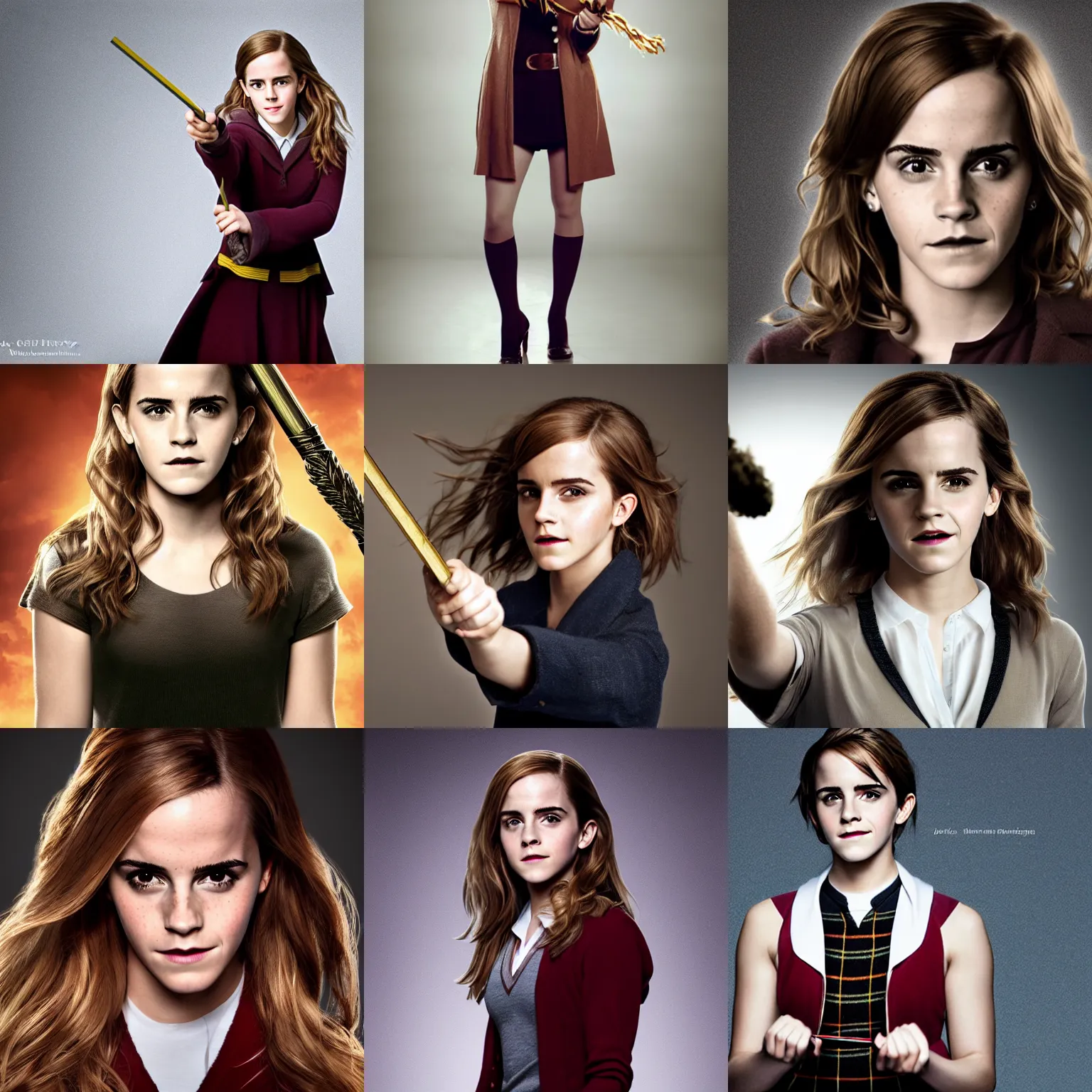 Prompt: Emma Watson as Hermione Granger, promotional photo, studio lighting, blank background, posing with wand