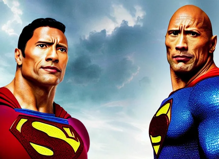 Image similar to film still of dwayne the rock johnson as superman in the new superman movie, 4 k, highly detailed face, detailed eyes