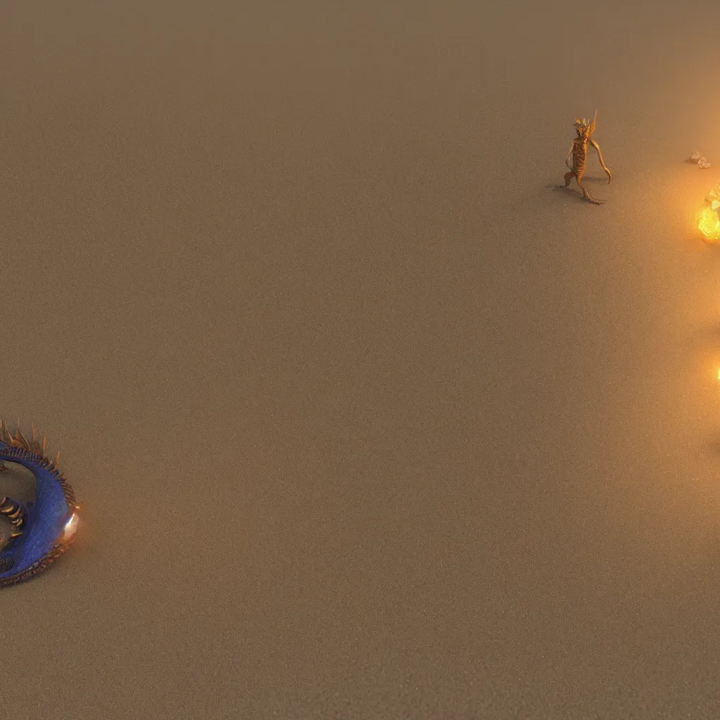 Image similar to dragon with big sequins and engraved on sand, art staton, octane render, 4 k, 8 k, colony, man standing