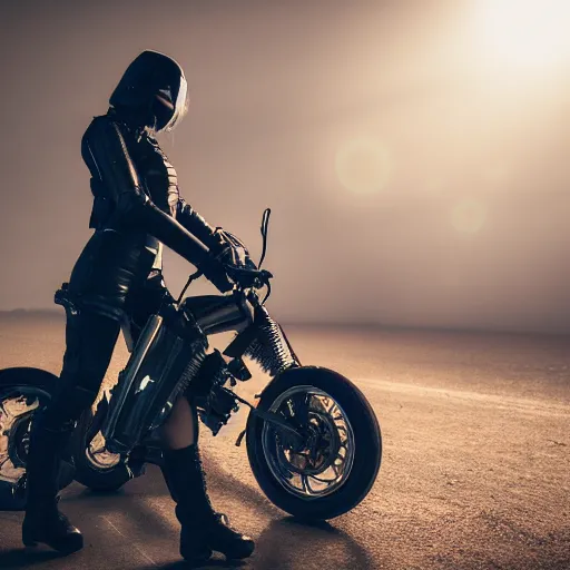 Image similar to a girl dressed in cyberpunk gear sits on a motorbike in a dystopian landscape, 5 0 mm lens, f 1. 4, sharp focus, ethereal, emotionally evoking, head in focus, volumetric lighting, blur dreamy outdoor,