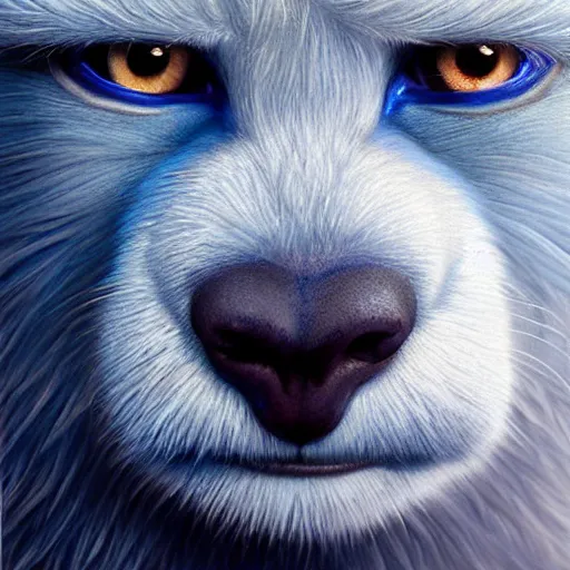 Image similar to a furry monster with blue eyes,lookimg at the viewer,photorealiatic,hyperdetailed,hyperrealistic,studio lighting,studio photography,professional photography,professional lighting,detailed face,3 point lighting,4k,digital art,ultra realistic,ultra detailed,art by greg rutkowski
