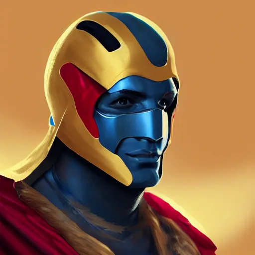 Prompt: portrait of a hero wearing a red mask covering his entire head, only his totally white eyes and mouth are visible, cyan background, golden cape, golden ear buds, golden eye rims, artstation, digital art, opengl